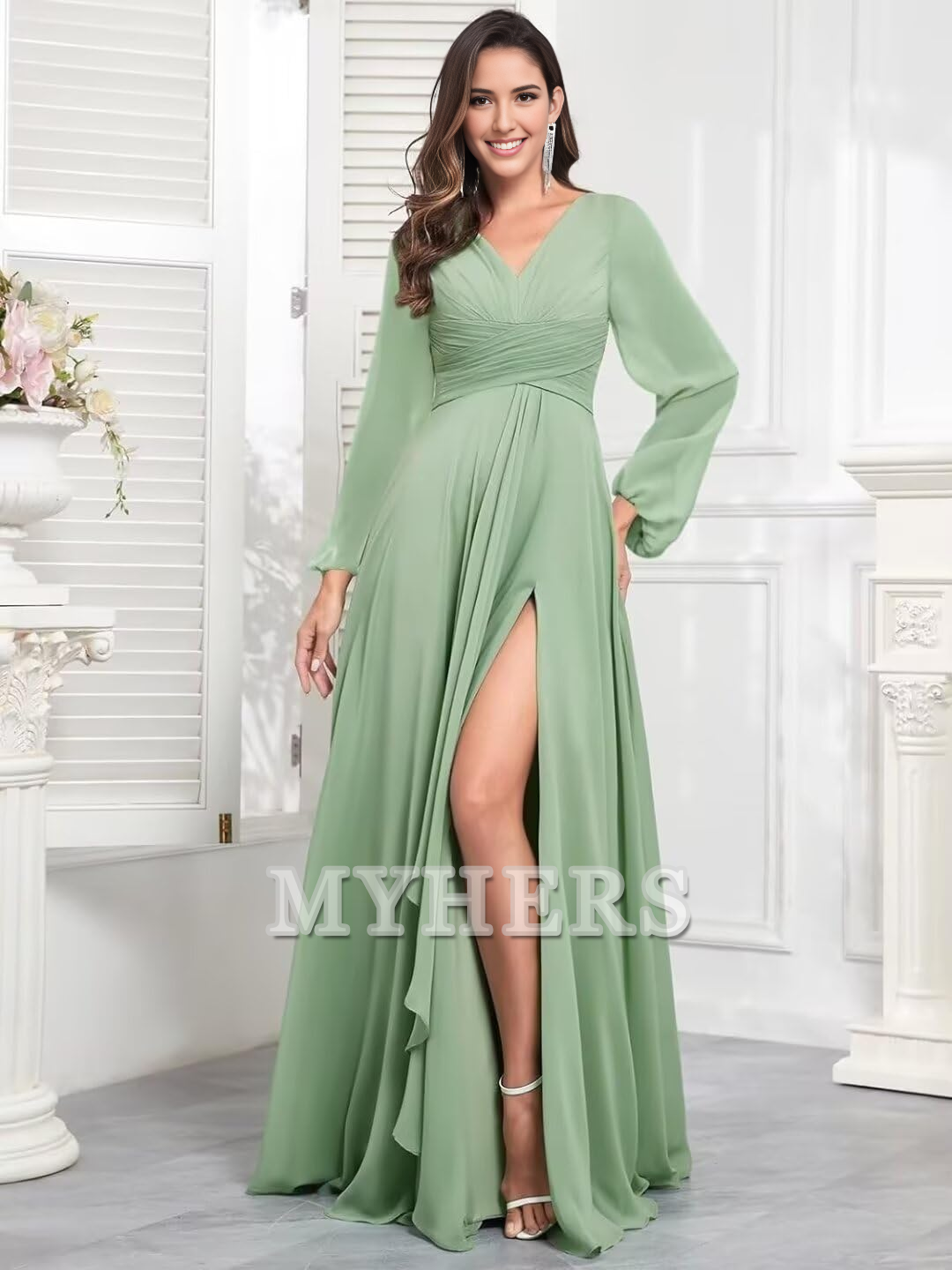 Elegant Chiffon Long Sleeves V Neck Ruffle Side Fork Long Bridesmaid Dresses Wedding Guests Dresses