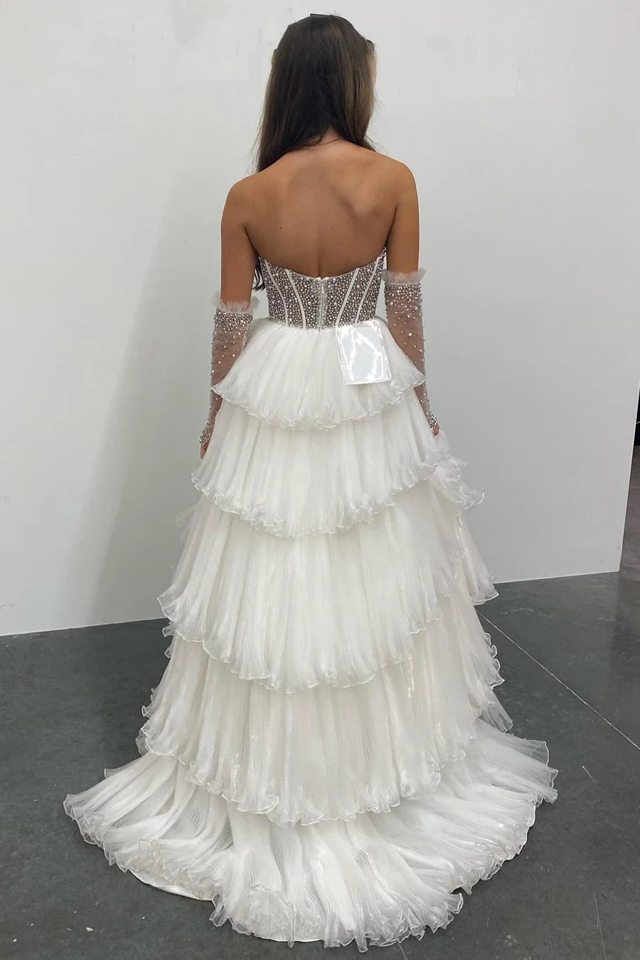 Beaded Sweetheart Tiered Long Gown with Detachable Sleeves