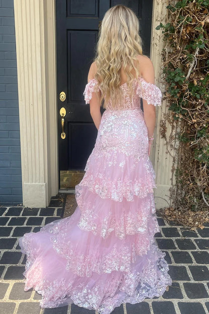 Sequin-Embroidery Off-the-Shoulder Tiered Long Prom Dress with Slit