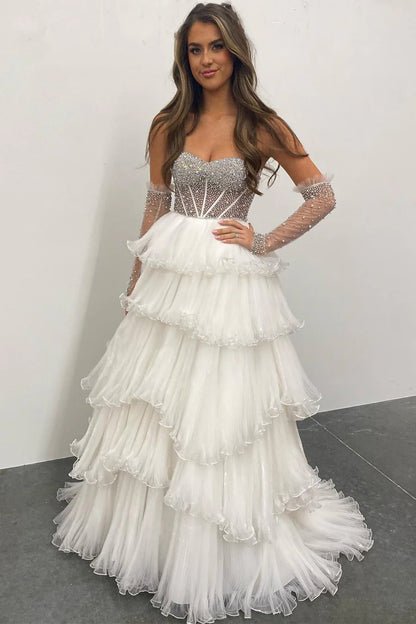 Beaded Sweetheart Tiered Long Gown with Detachable Sleeves