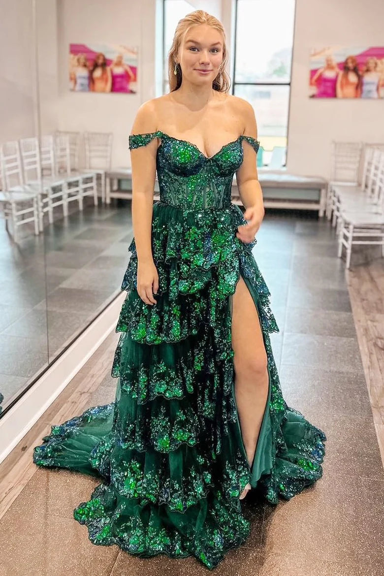 Fairytale Sequin-Embroidery Off-the-Shoulder Tiered Long Prom Dress with Slit