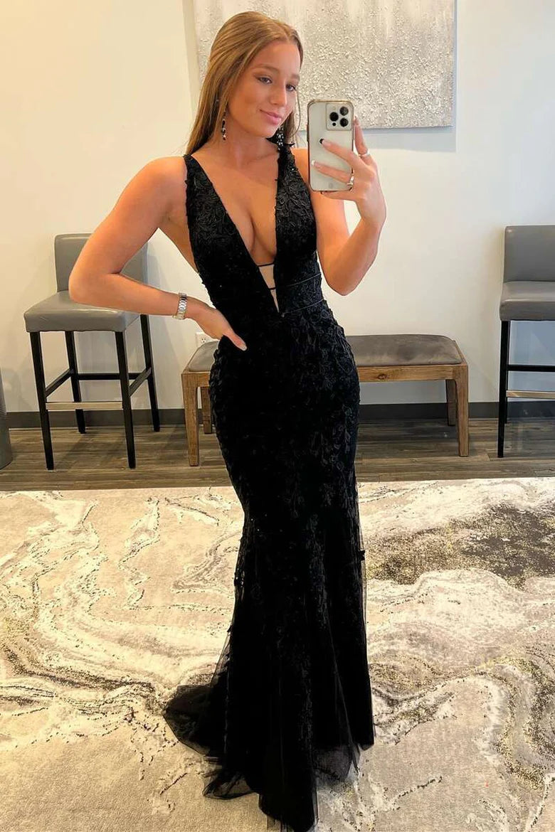 Plunge  Embroidered Mermaid Long Prom Dress