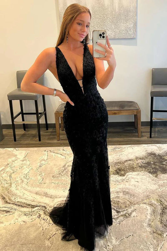 Plunge  Embroidered Mermaid Long Prom Dress