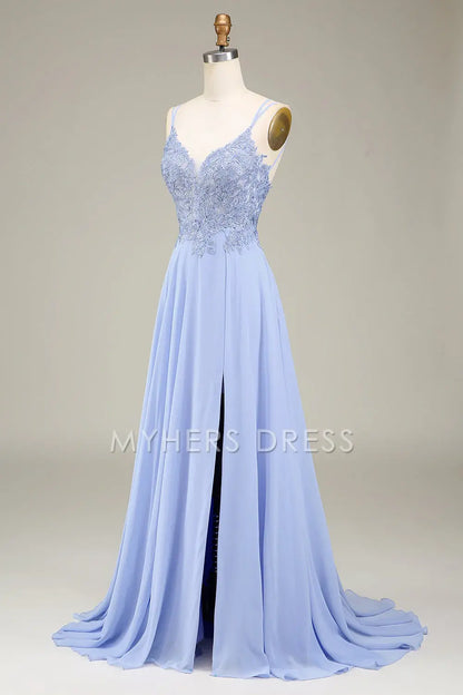 My Hers Ladies Formal Dress A-Line Spaghetti Strap Backless Side Fork With Appliques Long Prom Dress