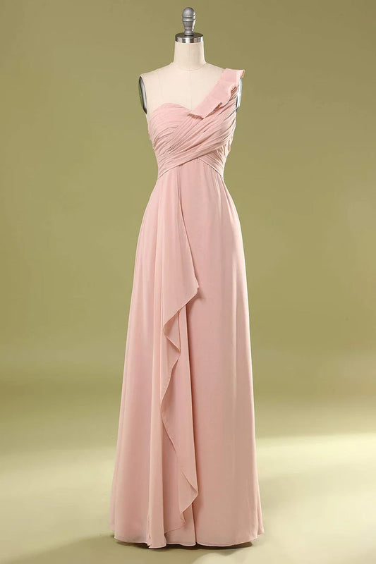 Blush Chiffon A-Line One-Shoulder Retract your waist Ruffled Bridesmaid Dress