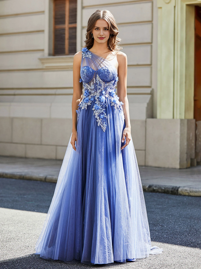 Tulle Flower Applique Dress Bodice High Slit Prom Dress