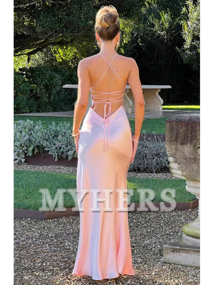 Bandage Backless Elegant Dress Side Fork Spaghetti Strap Slim Cocktail Party Club Fashion Satin Solid Lace-Up Long Dresses Evening Dress Formal Women's Dresses