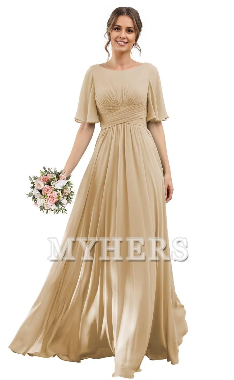 Elegant Flutter Sleeve Chiffon Scoop Neck A-Line Pleated Long Bridesmaid Dresses Wedding Guests Dresses