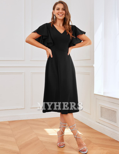 A Line V Neck Short Sleeve Elegant Simple Tea-Length Bridesmaid Dresses Wedding Guests Dresses