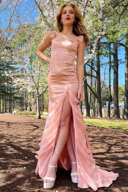 Pink Square Neck Ruffle Chiffon Lace-Up Back Long Prom Dress with Slit