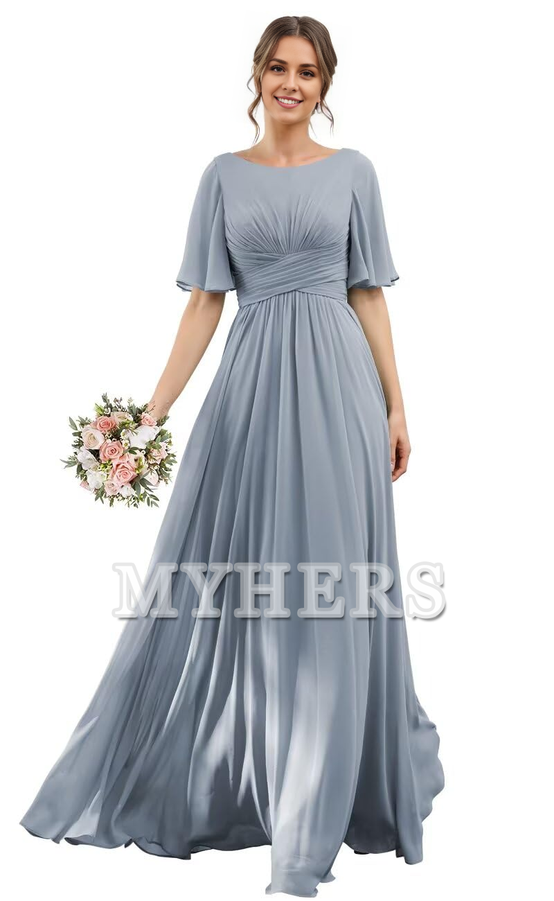 Elegant Flutter Sleeve Chiffon Scoop Neck A-Line Pleated Long Bridesmaid Dresses Wedding Guests Dresses