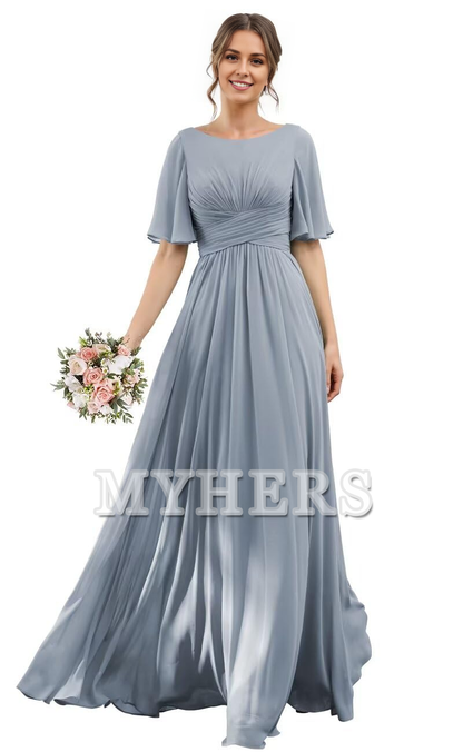 Elegant Flutter Sleeve Chiffon Scoop Neck A-Line Pleated Long Bridesmaid Dresses Wedding Guests Dresses