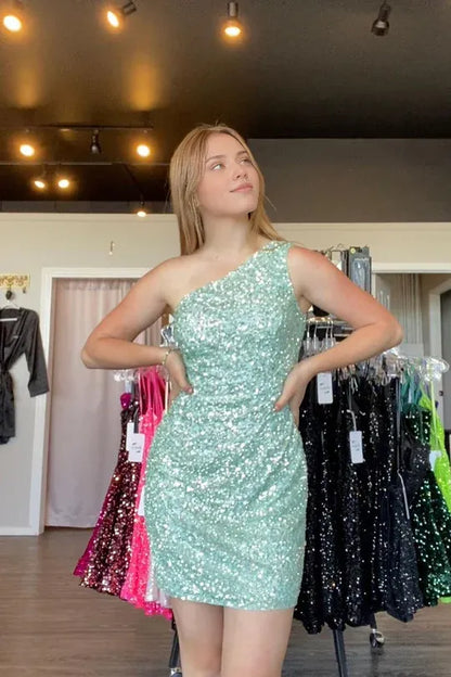 Cute Bodycon One Shoulder Mint Sequins Short Homecoming Dresses