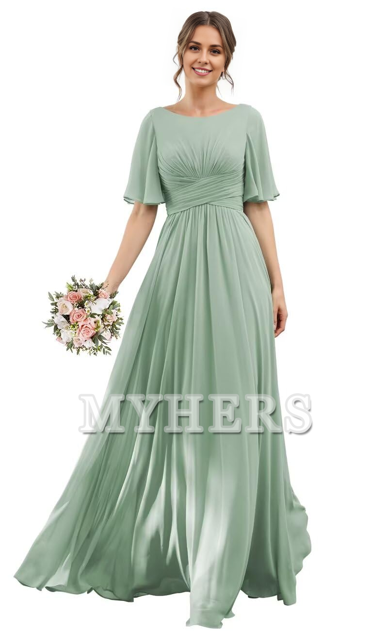 Elegant Flutter Sleeve Chiffon Scoop Neck A-Line Pleated Long Bridesmaid Dresses Wedding Guests Dresses