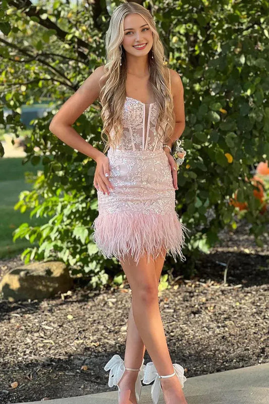 Cute Bodycon Scoop Neck Spaghetti Strap Blush Pink Short Homecoming Dresses with Feather