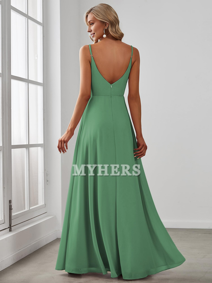 Spaghetti Strap V Neck Chiffon Elegant Simple Side Fork Backless Bridesmaid Dresses Wedding Guests Dresses