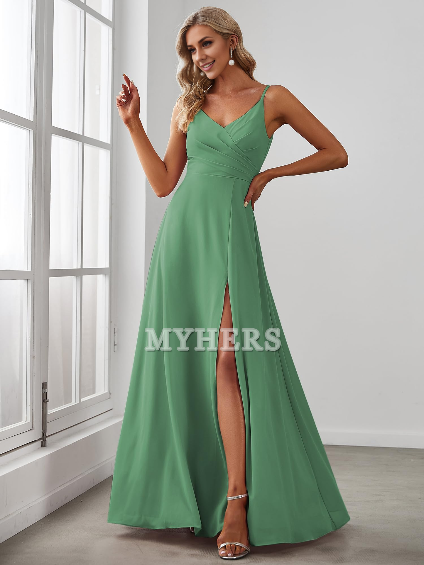 Spaghetti Strap V Neck Chiffon Elegant Simple Side Fork Backless Bridesmaid Dresses Wedding Guests Dresses
