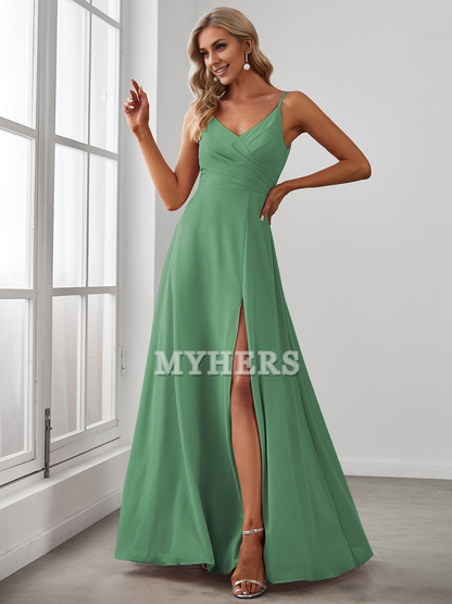 Spaghetti Strap V Neck Chiffon Elegant Simple Side Fork Backless Bridesmaid Dresses Wedding Guests Dresses