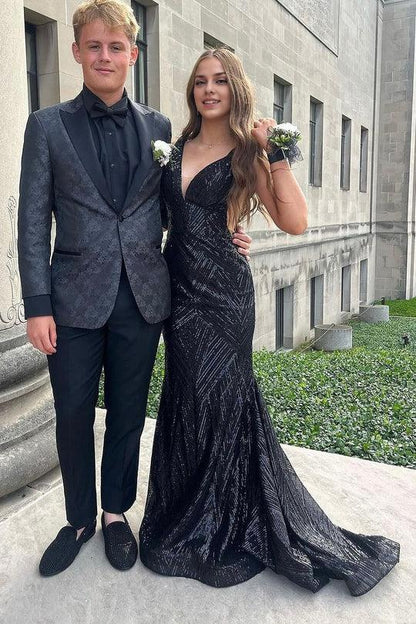 Charming Mermaid V Neck Black Sleeveless Sequins Slim-fit Long Prom Dresses