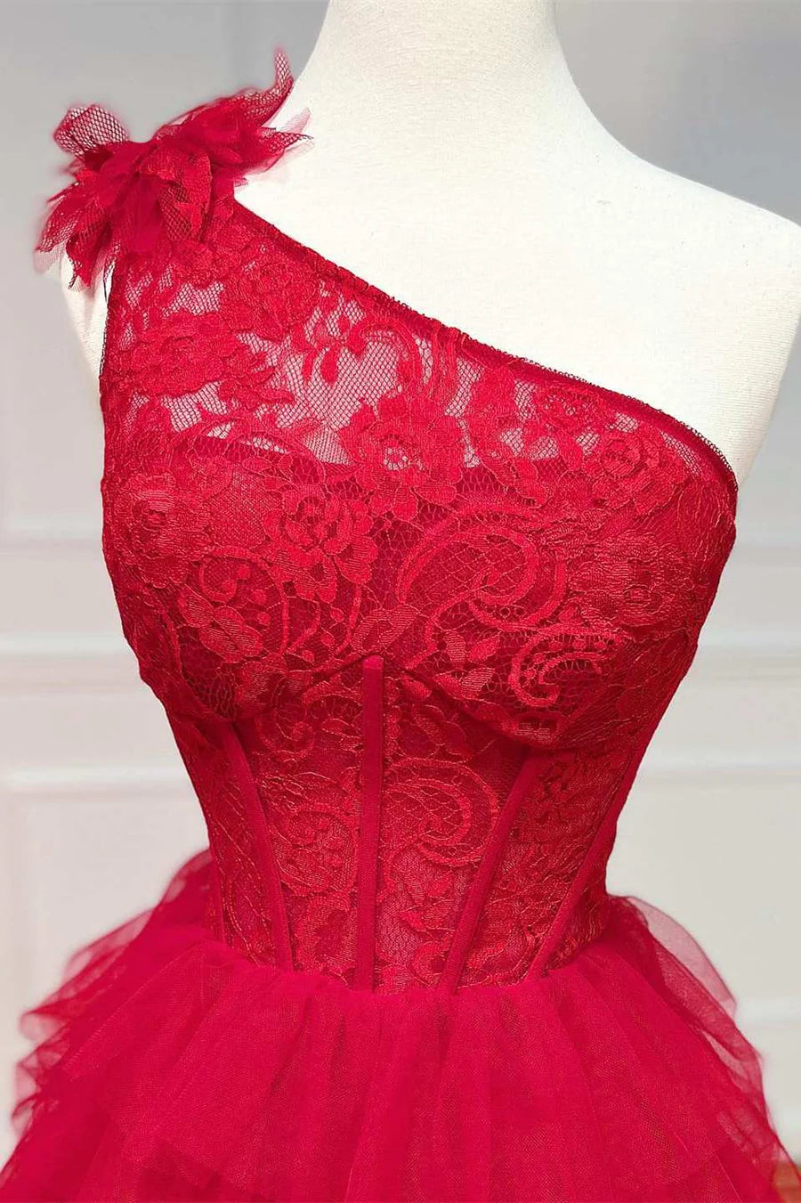 One-Shoulder  Lace A-Line Tiered Prom Dress with Ruffles