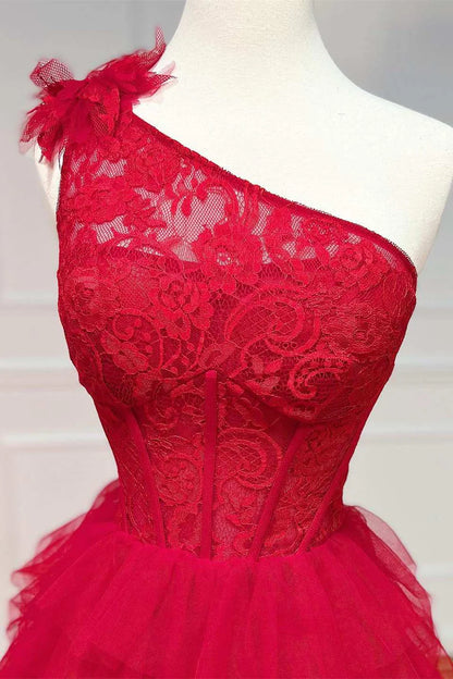 One-Shoulder  Lace A-Line Tiered Prom Dress with Ruffles