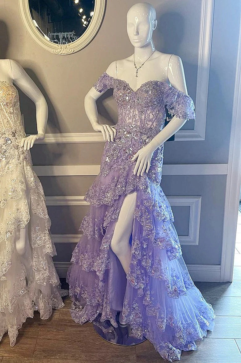 Sequin-Embroidery Off-the-Shoulder Tiered Long Prom Dress with Slit