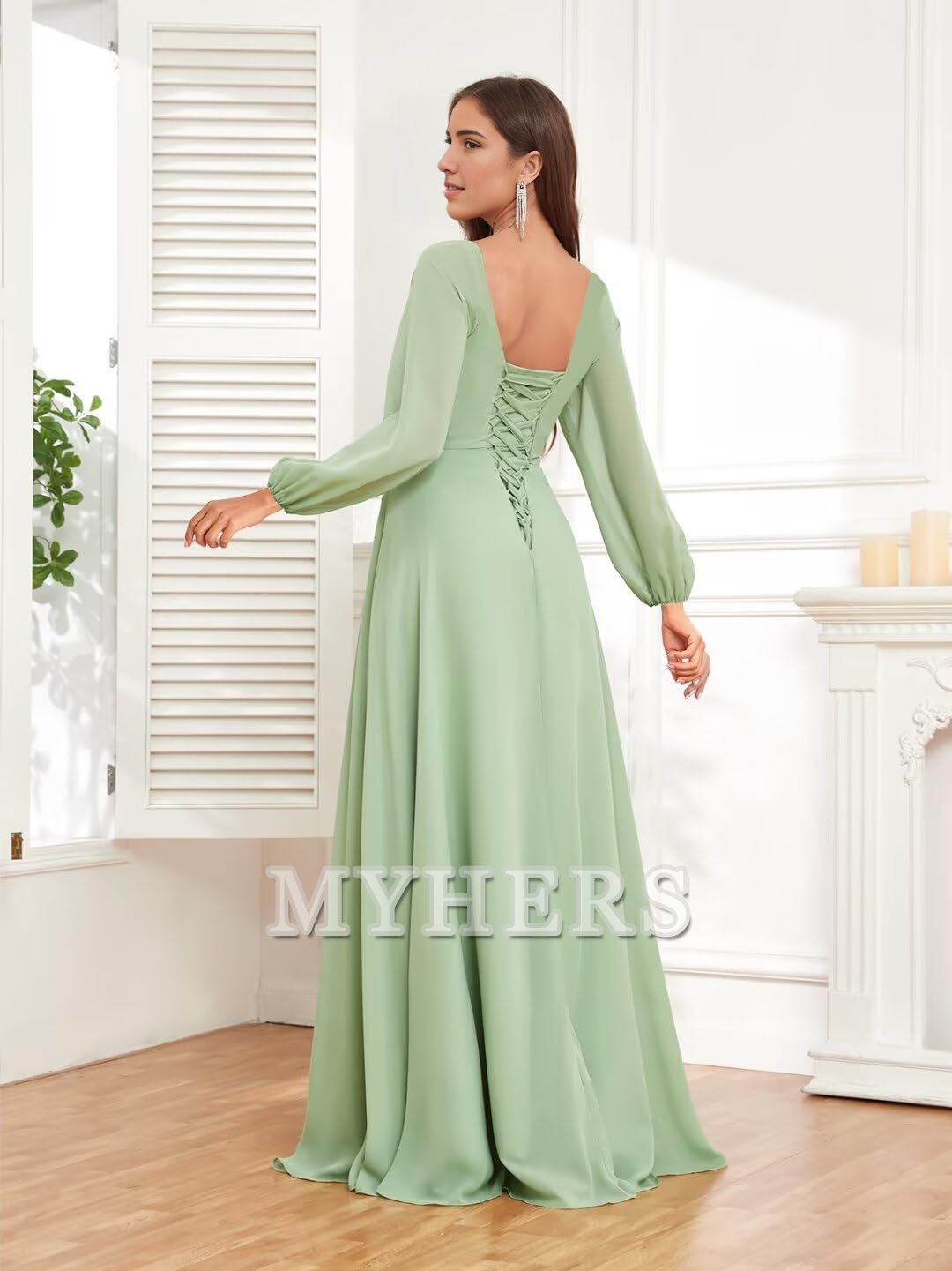 Elegant Chiffon Long Sleeves V Neck Ruffle Side Fork Long Bridesmaid Dresses Wedding Guests Dresses