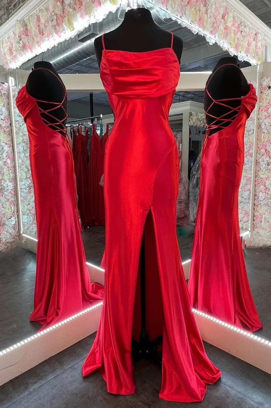 Cowl Neck Lace-Up Long Formal Dress with Slit