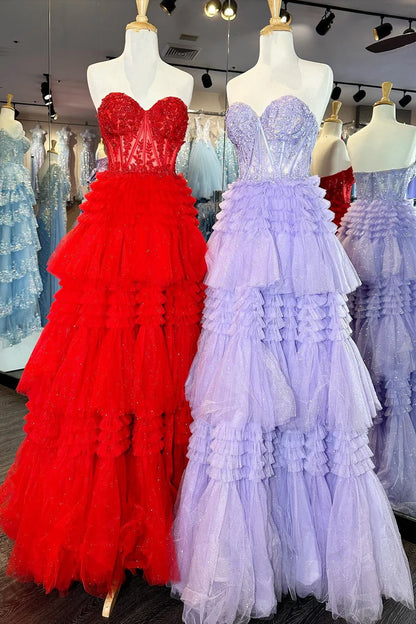 Tulle Sweetheart Tiered A-Line Long Prom Dress with Ruffles