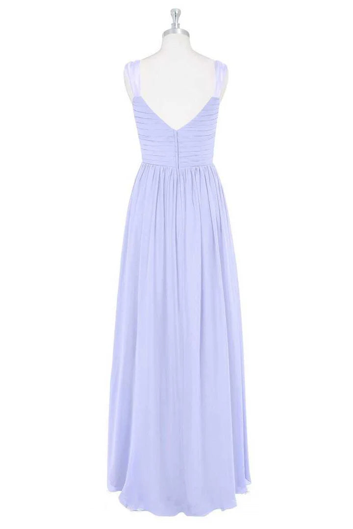 Lavender Chiffon V-Neck Backless A-Line Pleats Long Bridesmaid Dress ﻿