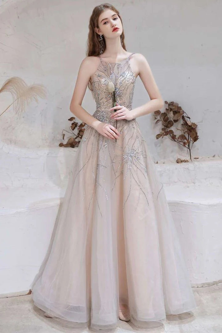 Tulle A-line Spaghetti Straps Beaded Long Prom Dress