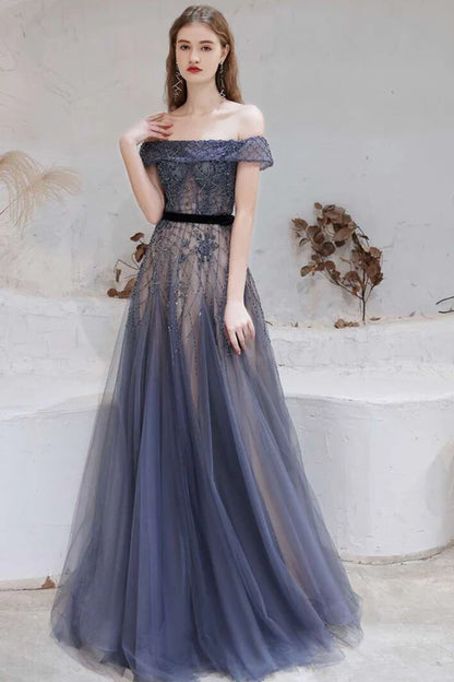 Tulle Beaded Off-the-Shoulder Floor Length Prom Dress