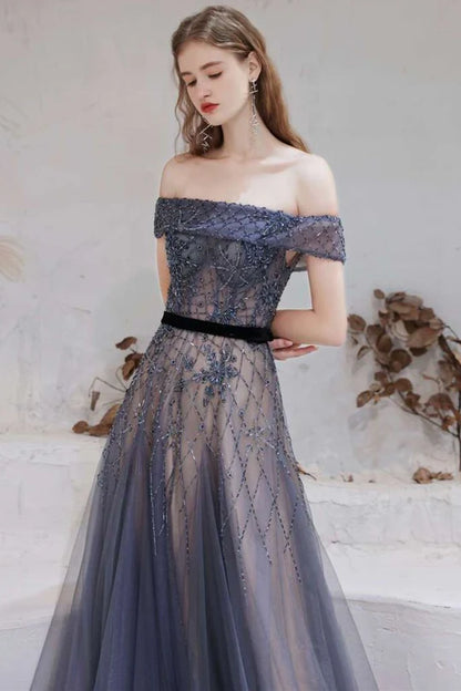Tulle Beaded Off-the-Shoulder Floor Length Prom Dress