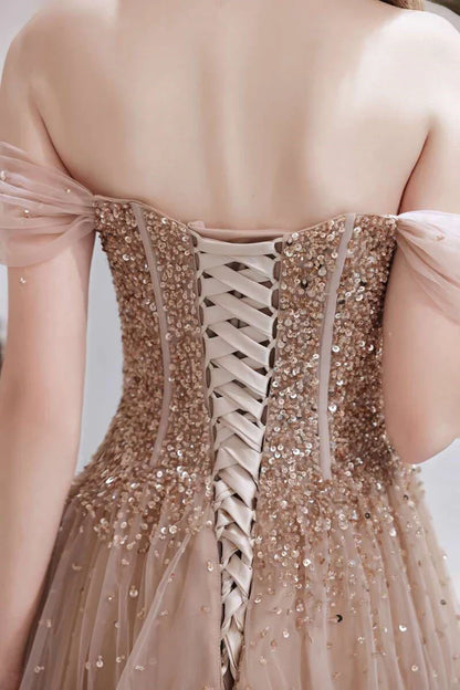 A-Line  Tulle Off-the-Shoulder Prom Dress with Sequins