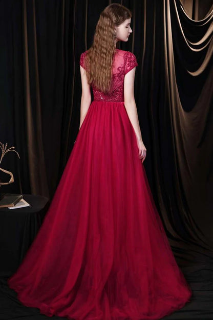 Tulle Cap Sleeve Round Neck Floor-length Prom Dress