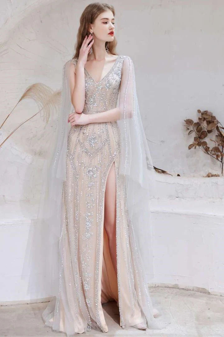 Tulle V-Neck High Slit Long Formal Dress with Cape