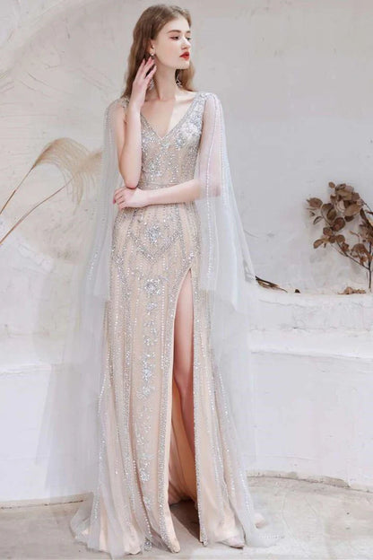 Tulle V-Neck High Slit Long Formal Dress with Cape