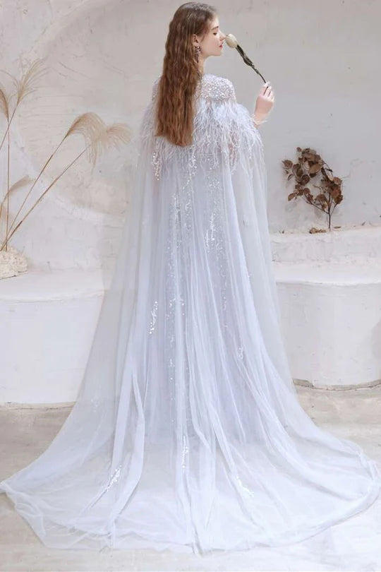 A-line Tulle V-neck Prom Gown with Feather Cape