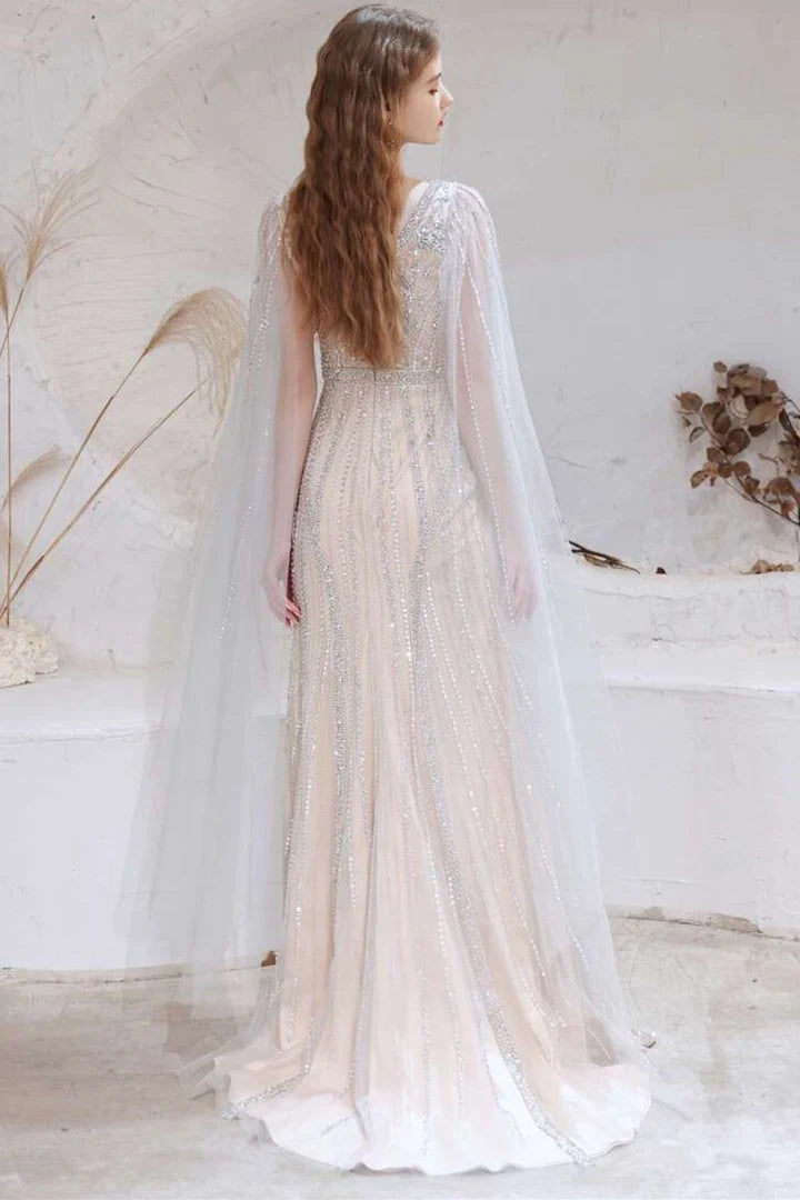 Tulle V-Neck High Slit Long Formal Dress with Cape