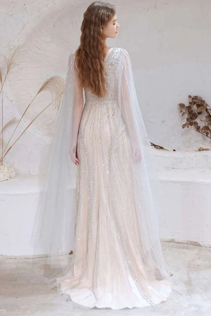 Tulle V-Neck High Slit Long Formal Dress with Cape