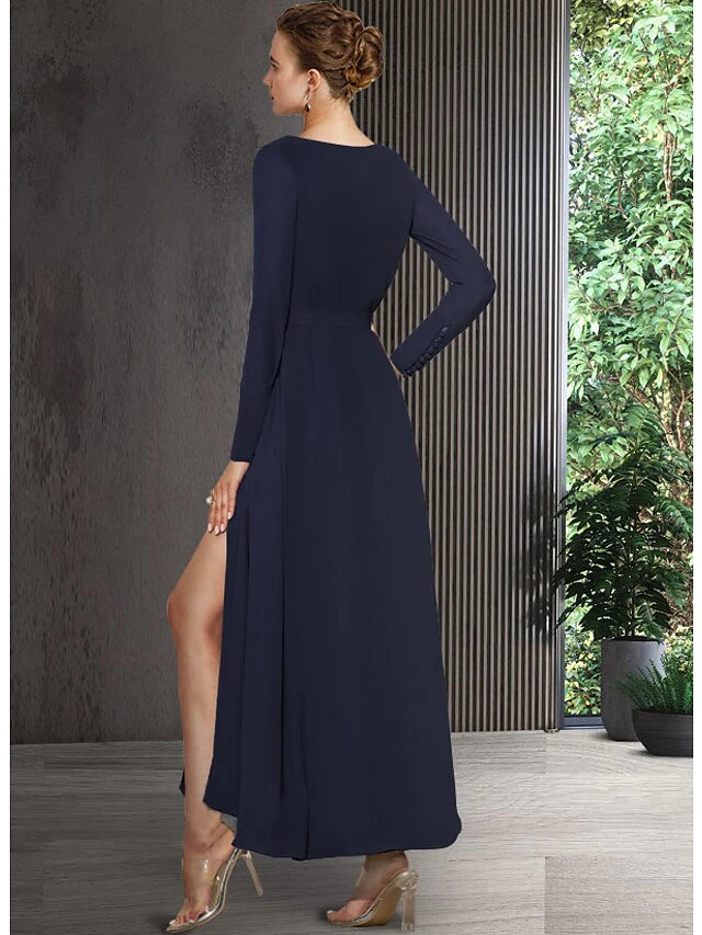 Mother of the Bride Dress Elegant V Neck Ankle Length Chiffon Long Sleeve with Bow(s) Split Front