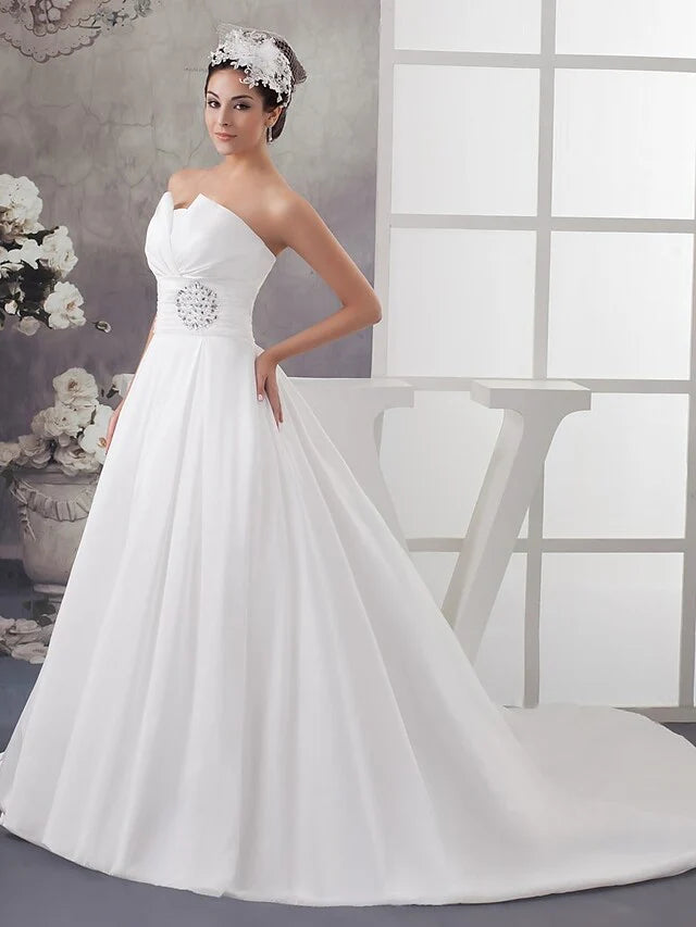 A-Line Wedding Dresses Strapless Chapel Train Satin Strapless with Ruched Beading Draping