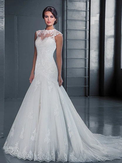 Wedding Dresses Jewel Neck Court Train Lace Tulle Sleeveless Formal with Appliques