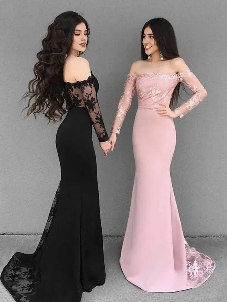 Sheath Mermaid Off The Shoulder Long Sleeves Lace Prom Dresses Bridesmaid Dresses