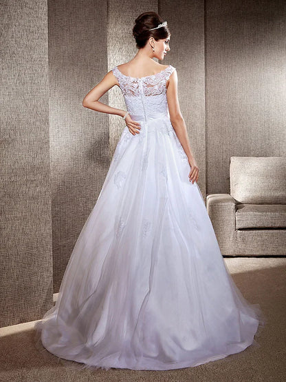 Ball Gown A-Line Wedding Dresses Scoop Neck Lace Tulle Sleeveless