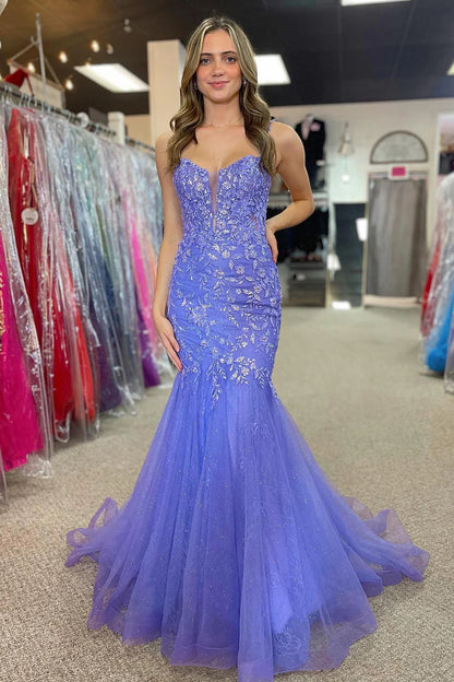 Purple Plunge V Mermaid One Shoulder Wrap The Buttocks Floor-Length Prom Dress with Appliques ﻿