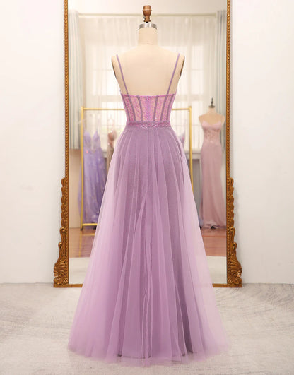 A-Line Lilac Spaghetti Straps Long Corset Prom Dress