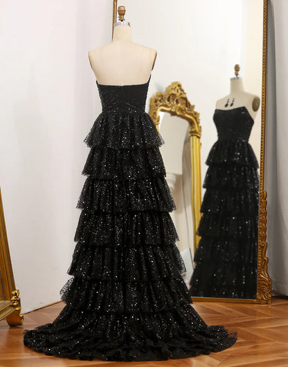 A-Line Sequins Black Tiered Prom Dress with Slit