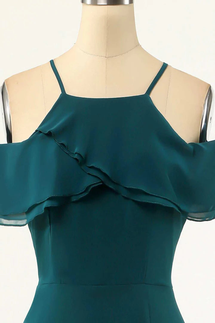 Hunter Green Cold Shoulder Round neck Ruffled Bridesmaid Dress