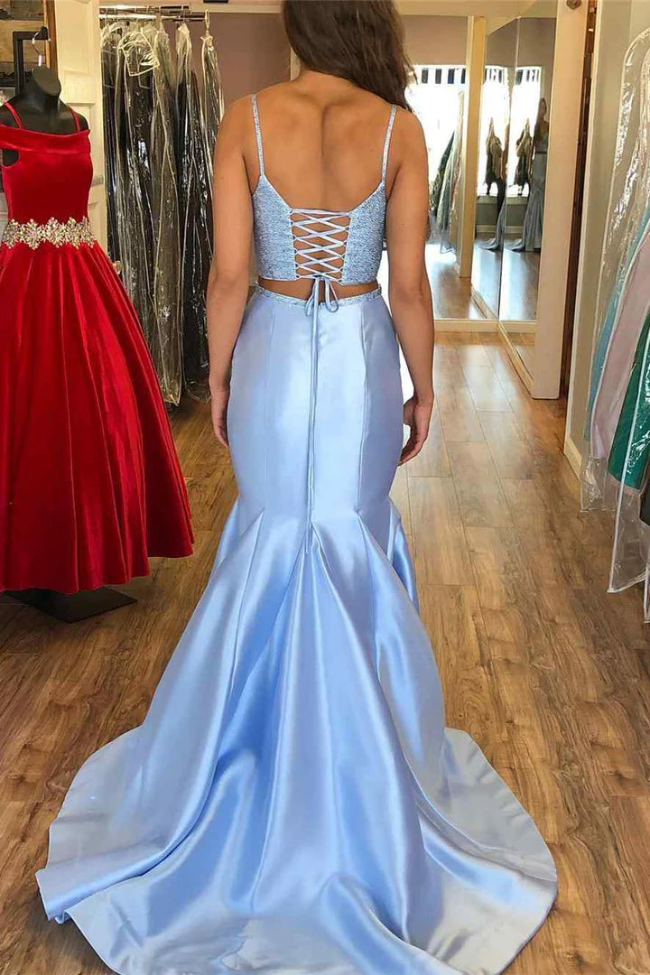 Two-Piece Glitter  Straps Trumpet Long Prom Dress